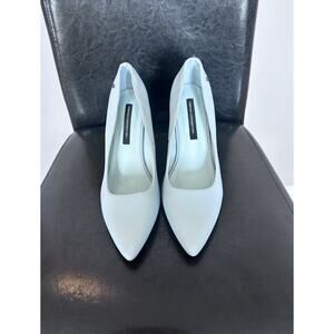 EUC British French Connection vegan leather pale blue block heel pumps,size 8.5